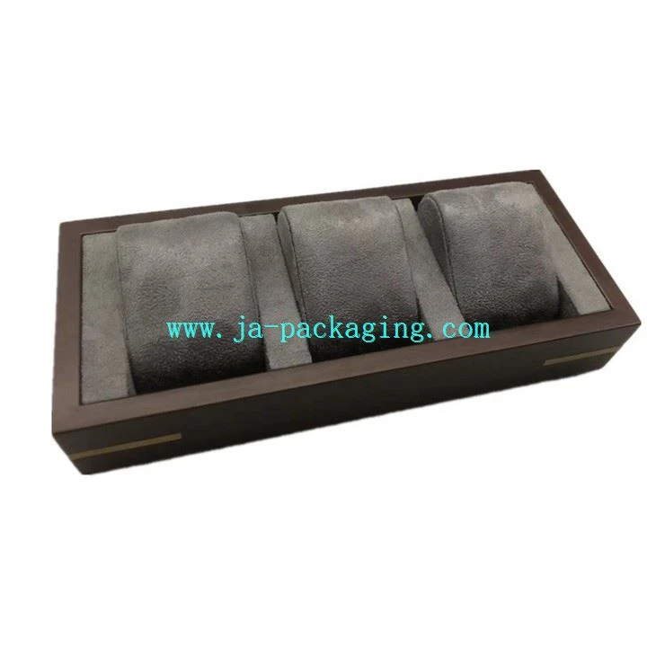 3-watch Dark Red Wood And Velvet Tray